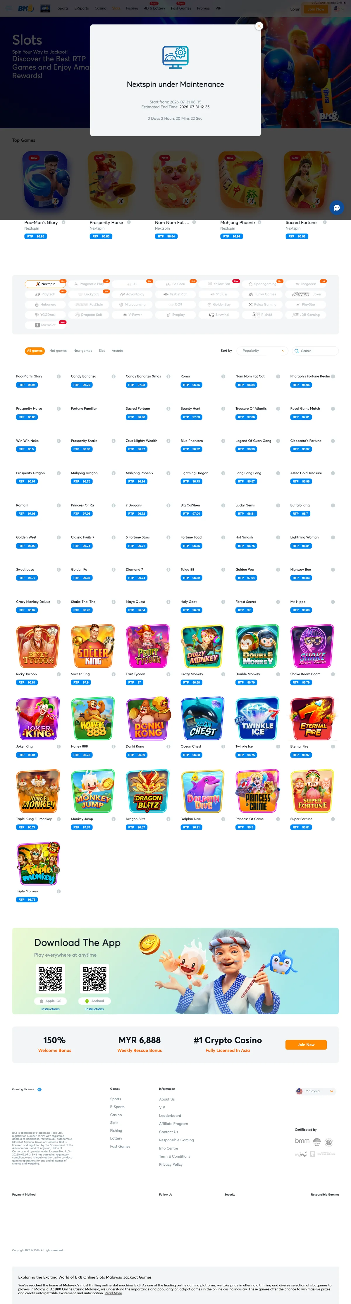 BK8 slots lobby on 31 July 2026, each game tile showing its RTP: Pac-Man's Glory 96.95, Prosperity Horse 96.83, Nom Nom Fat Cat 96.84, Mahjong Phoenix 96.94
